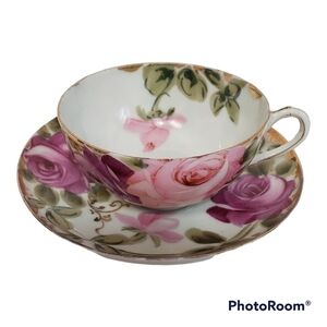 𝅺handpainted Nippon Cabbage Roses Gold Trim Tea Cup and Saucer Pink Purple